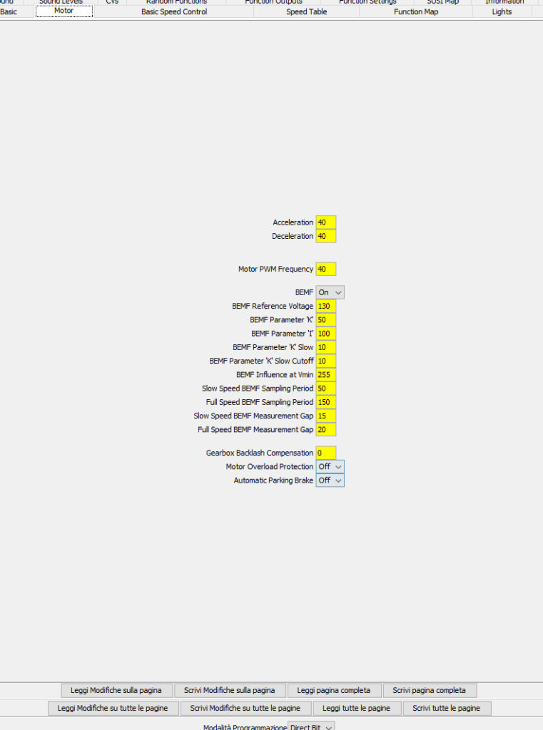 Decoder PRO - pagina del settaggio del motore